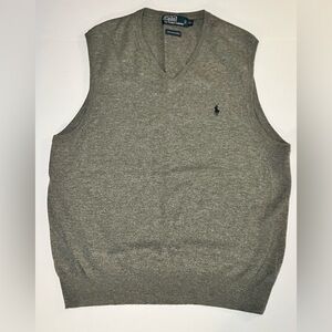 Ralph Lauren Gray V-Neck Lightweight  Vest 100% Merino Wool Sz Large Mens